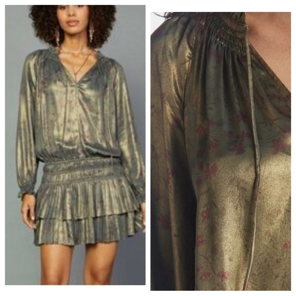 New! Anthropologie Shimmering Gold metallic floral tiered Dress 2890